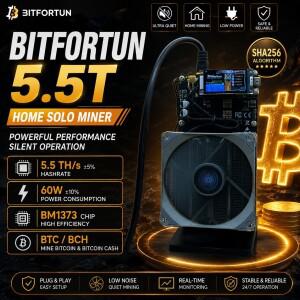 Bitfortun 5.5T NerdQaxe++ Bitaxe 솔로 마이너 BM1373 60W SHA256 BTC 로터리 저전력 저소음 홈 머신