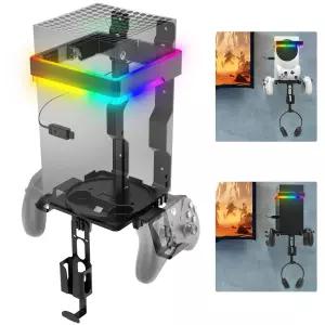 Xbox Series X/S용 Fosmon 월 마운트 RGB 조명 탈착식 듀얼 컨트롤러 홀더 및 헤드폰 걸이 시리즈 X용 선반