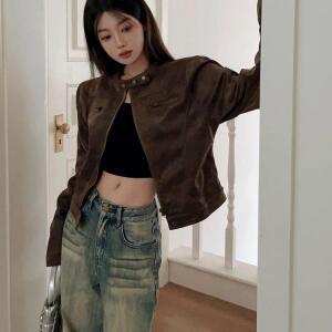 루타꽁몰 여성 빈티지 브라운 쇼트 점퍼 코트 봄 차이나 PU가죽 재킷 A