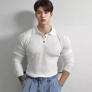 머슬핏 카라티 슬림핏 티셔츠 남성 긴팔 2색 단추