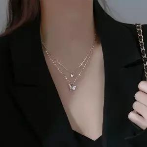 2줄 나비 믹스 체인 목걸이 큐빅 나비 목걸이