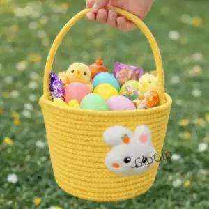 만화 부활절 선물 바구니 손으로 짠 긴 손잡이 보관 다용도 면사 토트 파티용