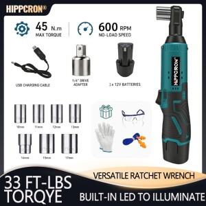 Hippcron 12V 무선 전기 래칫 렌치(3/8인치 도구 키트 포함) USB LED 조명