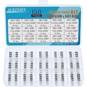 아우케니엔 15개입 유리 퓨즈 세트 250V 5x20mm 슬로우 블로우 T1.25A  6.3A F 0.1A 10A 키트