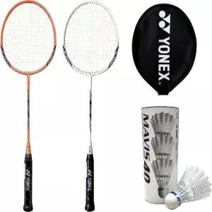 셔틀콕이 장착된 YONEX 배드민턴 세트 라켓 2개 B4000 화이트 3팩 프리스트링