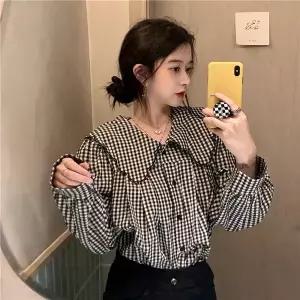 여성 체크 빅카라 퍼프 루즈 셔츠