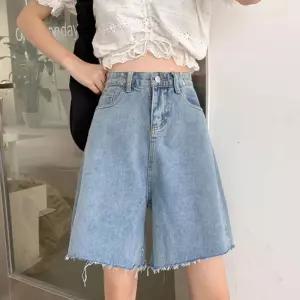 여성 데일리 베이직 허리 클립 연청 와이드 반바지