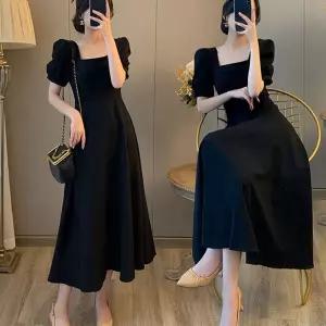 패션 벌룬 소매 하객룩 데이트 A라인 블랙 롱원피스