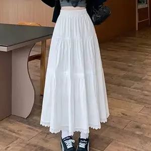 출근룩 화이트 롱스커트 캉캉스커트 프릴 맥시 플레어 레이스 펀칭 쉬폰롱