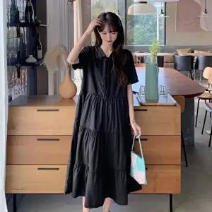 여행룩 블랙 브이넥 퍼프 티어드 롱원피스 여름원피스 플레어 셔링 프릴 휴양지