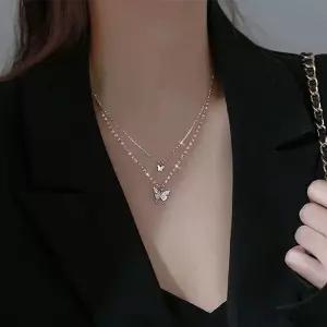 2줄 나비 믹스 체인 목걸이 큐빅 나비 목걸이