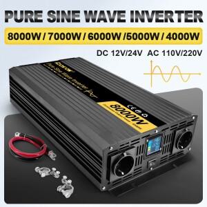 순수 표시파 인버터 7000W 태양광 전압 변환기 DC 12V/24V에서 AC 220V 50Hz 이중 EU 소켓