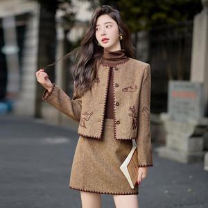 깜2 여성 프렌치 빈티지 모직 세트 스커트 가을 슬림핏 자수 숏 코트 투피스