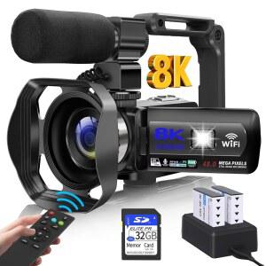 위키코 비디오 카메라 유튜브 18배 디지털 줌용 8K 48MP 브이로그 카메라 | WIFI 외장 마이크 필 라이트 리모컨 32GB SD 카드 및 2개의 배터리가 장착된 녹화 3 U201D 터치스크린 캠코더