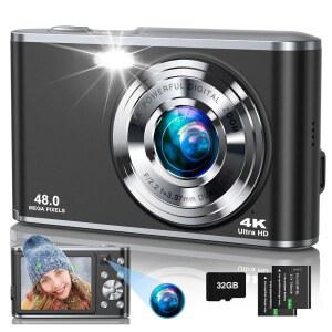 4K 디지털 카메라 48MP 오토포커스 카메라 여행 브이로그 블랙 | 셀카용 전면 및 후면 듀얼 렌즈 32GB 카드 배터리 2개 16배 줌 청소년 초보자를 위한 소형 비디오 선물