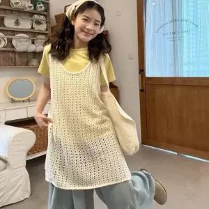 니트 캐주얼 트임 롱 옆 베스트 귀여운 펀칭 양 조끼 여자 그물 여성