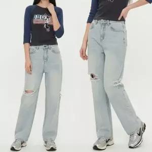 여성 스트레이트핏 찢청 일자 데님 연청 청바지 찢청바지