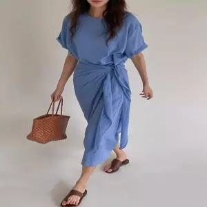 반팔 여성 끈조절 원피스 라운드넥 파랑 셔링 슬림핏