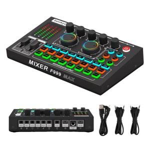 F999MAX 라이브 사운드 카드 프로페셔널 오디오 믹서 노이즈 감소 메탈 바디 인디케이터 패널 오디오 인터페이스 보이스 체인저 RGB 조명 효과 라이브 / 게임 / 팟캐스트 / 노래방용 DJ 믹서