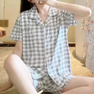 여성 여름 반팔 반 바지 예쁜 잠옷 세트 체크 그레이