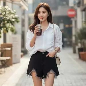 친절한탄씨 블랙 데님 찢어진 핫팬츠 여성 찢청 스키니 치마바지 데님쇼츠 디스트로이드진 청반바지