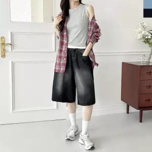 HSSG 5103 여자 옆핀턱 와이드 뒷밴딩 버뮤다 데님 반바지