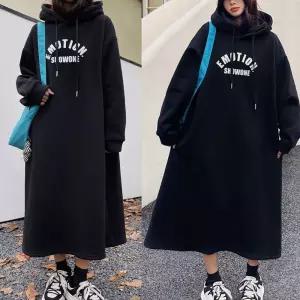 프린팅 포인트 기모 안감 여성 외출 후드 원피스