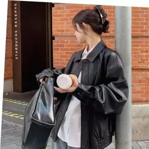 여자 가을 페이크 레더자켓 카라 집업 오버핏 가죽점퍼