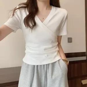[라일리여성의류] Rly 데일리 V넥 티셔츠 무지 셔링 스판 랩 반팔티 47566522)