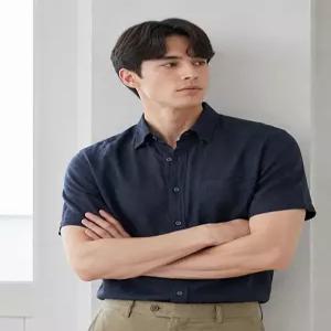 [니콜생지르][니콜생지르][A] 남성 린넨 텍스처 반팔 셔츠 다크차콜