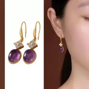 S925 자수정 원석 지르코니아 무광 18K도금 귀걸