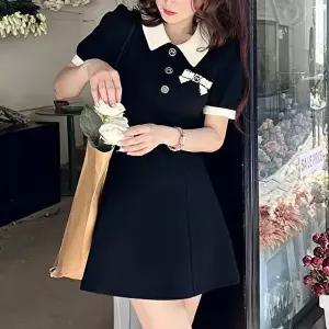 데이트룩 카라 배색 반팔 리본브로치 블랙 플레어미니원피스