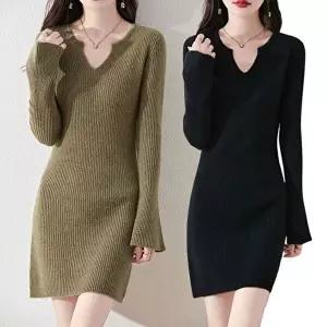 데이트룩 LND 미엘리 V넥 골지 니트 원피스 미디 치마 스커트 겨울 가을 여성 하객룩