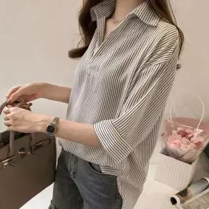 여성 반오픈카라 세로 남방 7부 스트라이프셔츠 2컬러