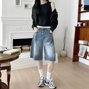 셀럽하우스 여성 앞핀턱 뒷밴딩 여름 버뮤다 데님 반바지