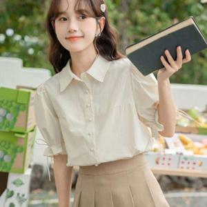 여자 귀여운 스타일 퍼프 밴딩 소매 스트링 반팔 셔츠 블라우스 여성 셔링 가오리 짧은
