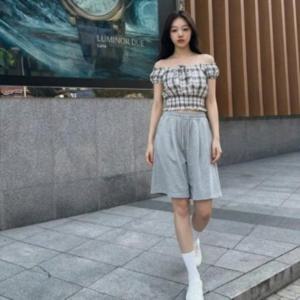 여성 여름 반팔 베이직 체크 리본 오프숄더 블라우스