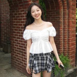 여성 반팔 러블리 여리핏 오프숄더 밴딩 리본 블라우스