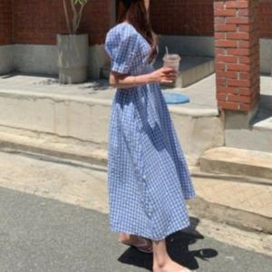 여성 여름 밴딩 퍼프 반팔 블루밍 시어서커 롱 원피스