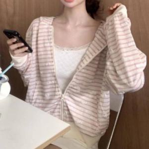 리본 여성 후드집업 단가라 스트라이프 아우터 핑크 루즈핏