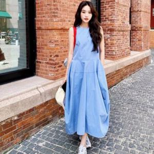 A라인 롱원피스 스카이블루 민소매 벌룬 데일리룩 하객룩 오피스룩 데이트룩 여성 의류