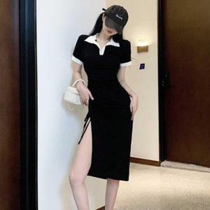 여성 스타일리쉬 휴가룩 코디 옆트임 카라 롱원피스