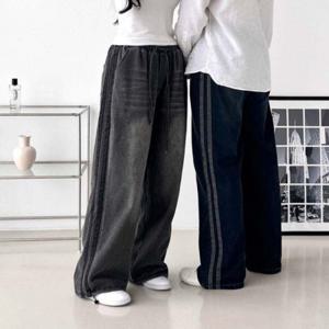 남자 여자 옆라인 포인트 편안한 허리 밴딩 와이드 데님 청바지 여성 부츠컷 스판 하이