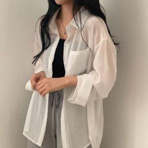 핫서머 얇은 박시 화이트 남방 숙 HES005 긴팔 여성 라쏠 블라우스 원피스 오버핏 얇은 여성정장 남방 가을