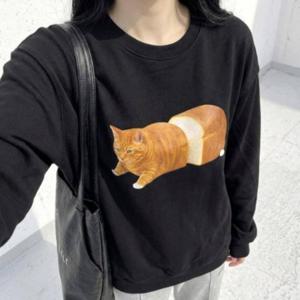 티셔츠 긴팔 데일리 캐주얼 맨투맨 고양이 캐릭터 여성 오버핏