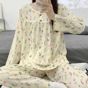 플라워 여성 잠옷 세트 꽃무늬 여성 파자마 세트 투피스 실내복