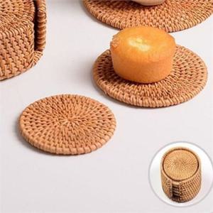 라탄 컵 받침 8cm6개 라탄 티 코스터 핸드메이드 원형 우드 주방 카페