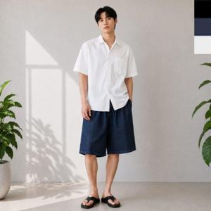 남성 린넨 와이드 밴딩 팬츠 7부 1P 여름 베이직 버뮤다 반바지 캐주얼