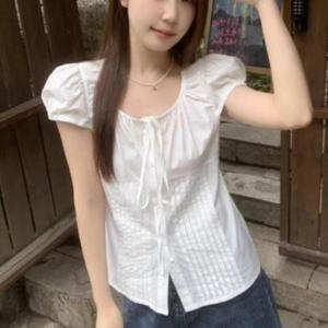 퍼프 여름 주름 소매 리본 반팔 귀여운 블라우스