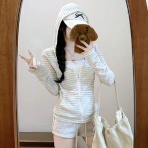 단가라 여름 후드 집업 데미츠 아이스 쿨 브이넥 모자티 쿨원단 줄무늬